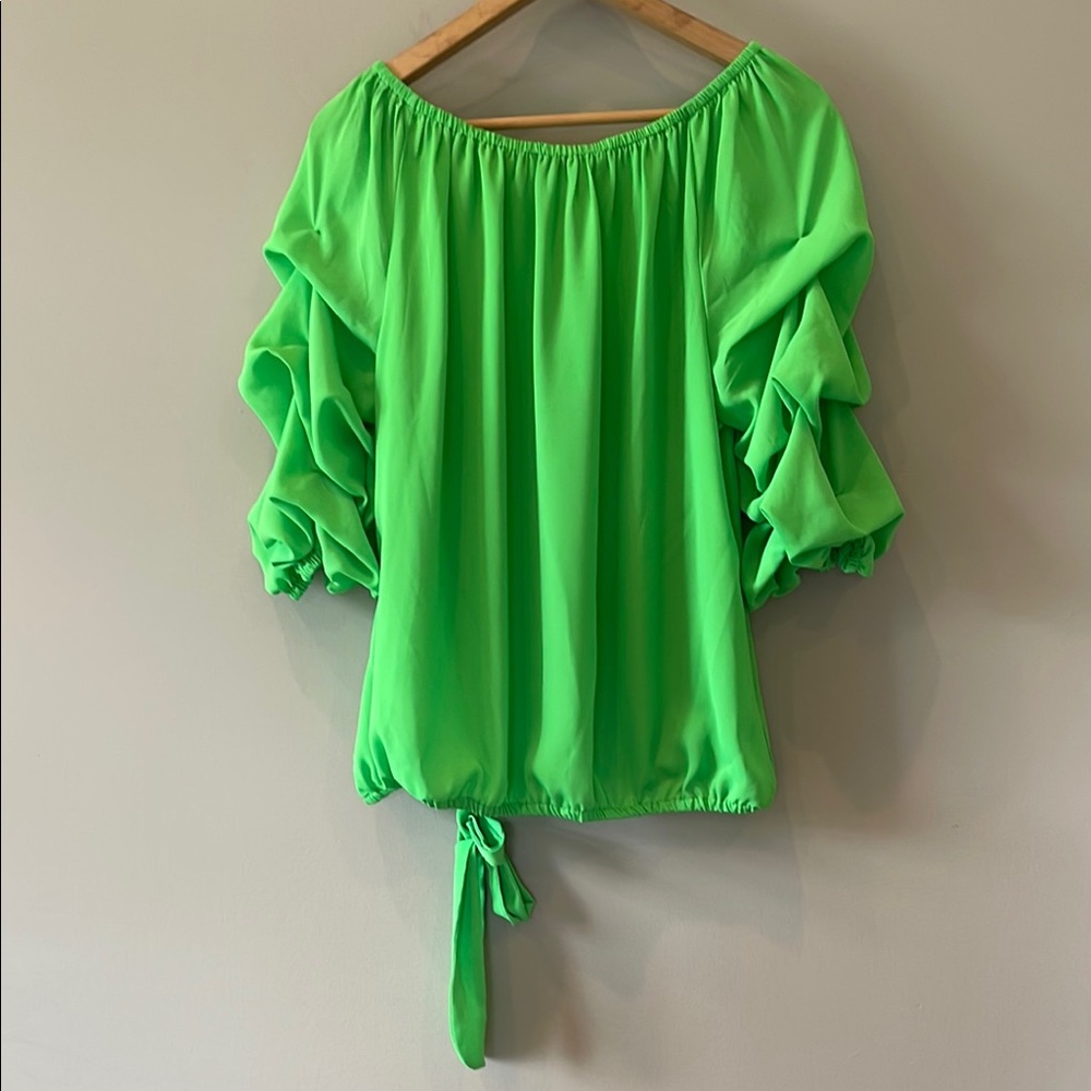 CeCe Vibrant Green Ruffle Sleeve Blouse - Picture 7 of 10